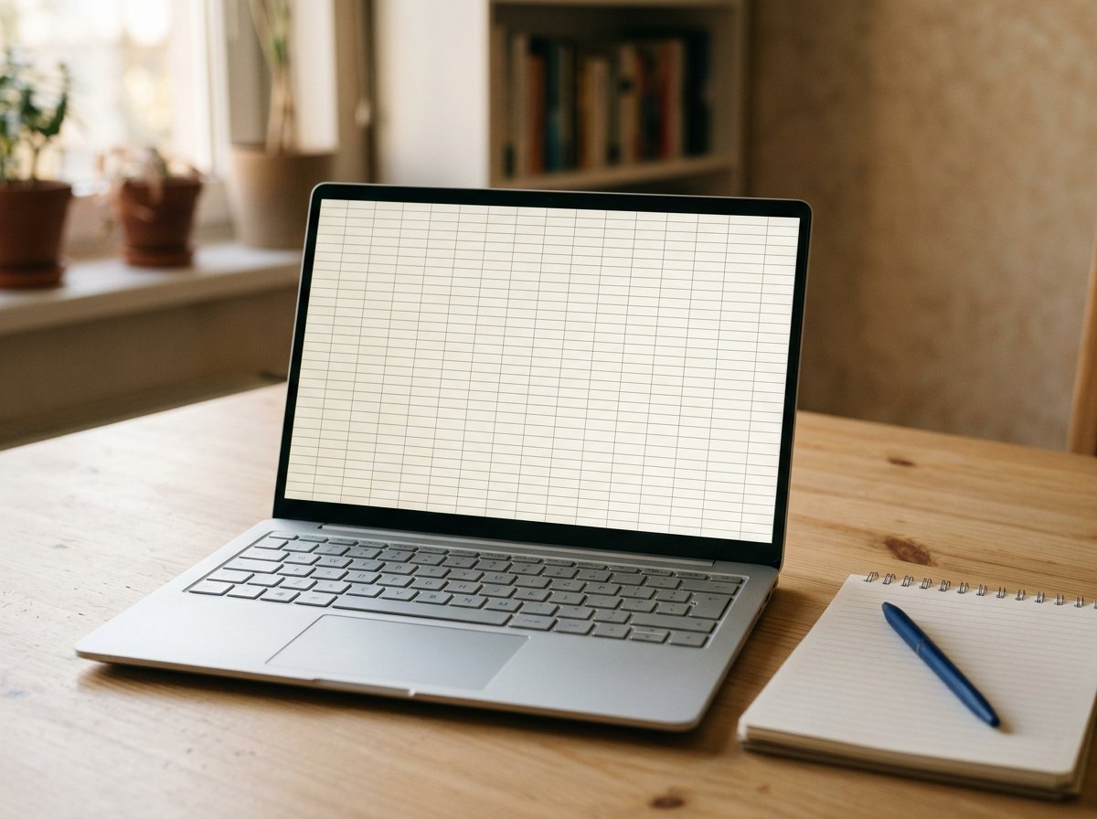 Notebook exibindo planilha com celulas e grafico de linha, bloco de notas ao lado