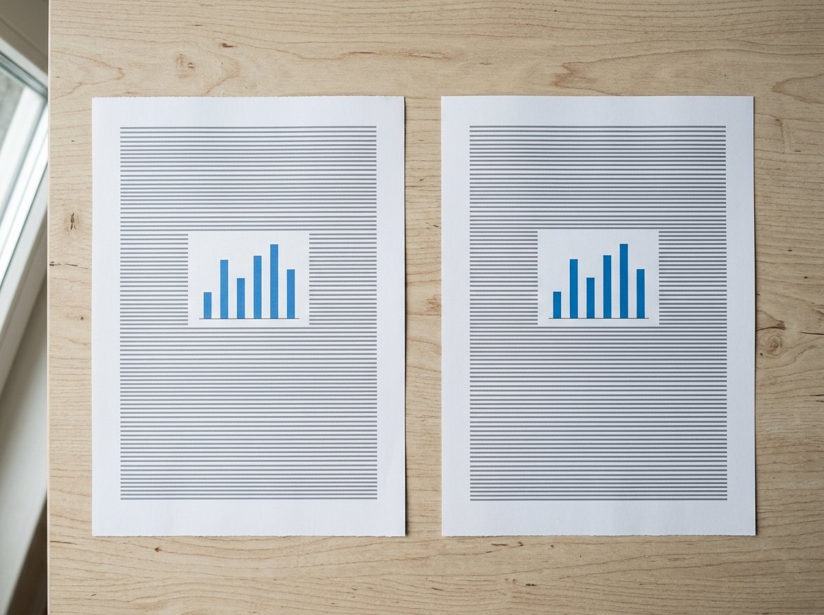 Maos segurando duas folhas impressas com graficos diferentes lado a lado