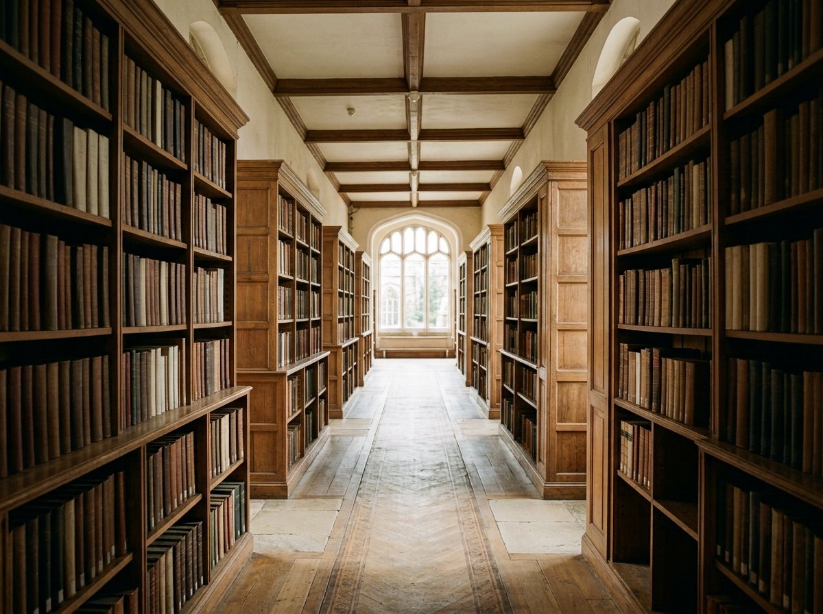 Corredor de biblioteca universitaria com estantes altas cheias de livros