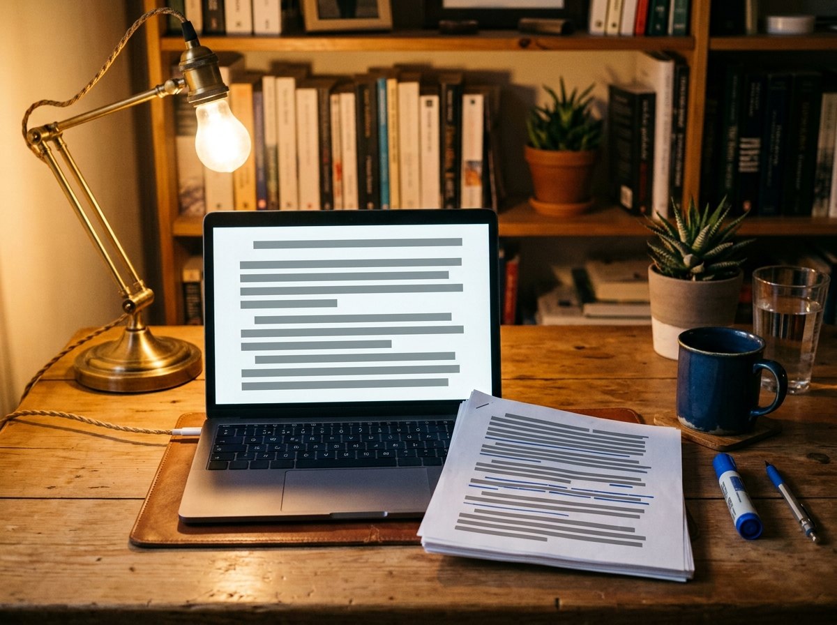Notebook cercado de artigos impressos com trechos sublinhados sob luz de luminaria