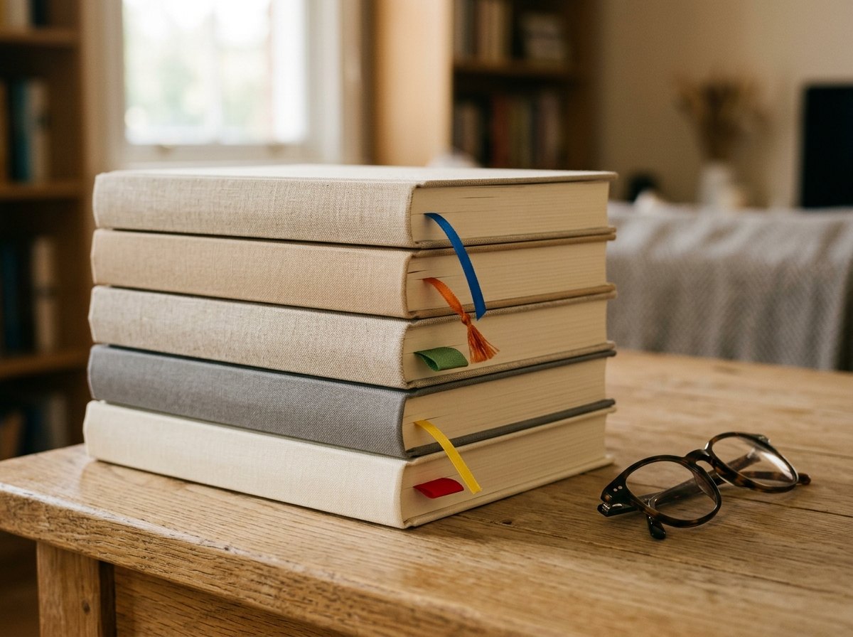Pilha de cinco livros de capas neutras com marcadores de pagina e oculos ao lado