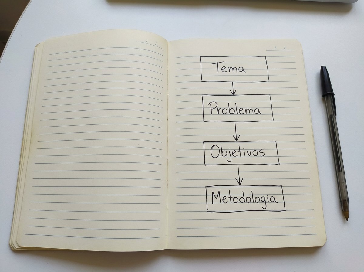 Etapas da metodologia científica em fluxograma desenhado à mão no caderno