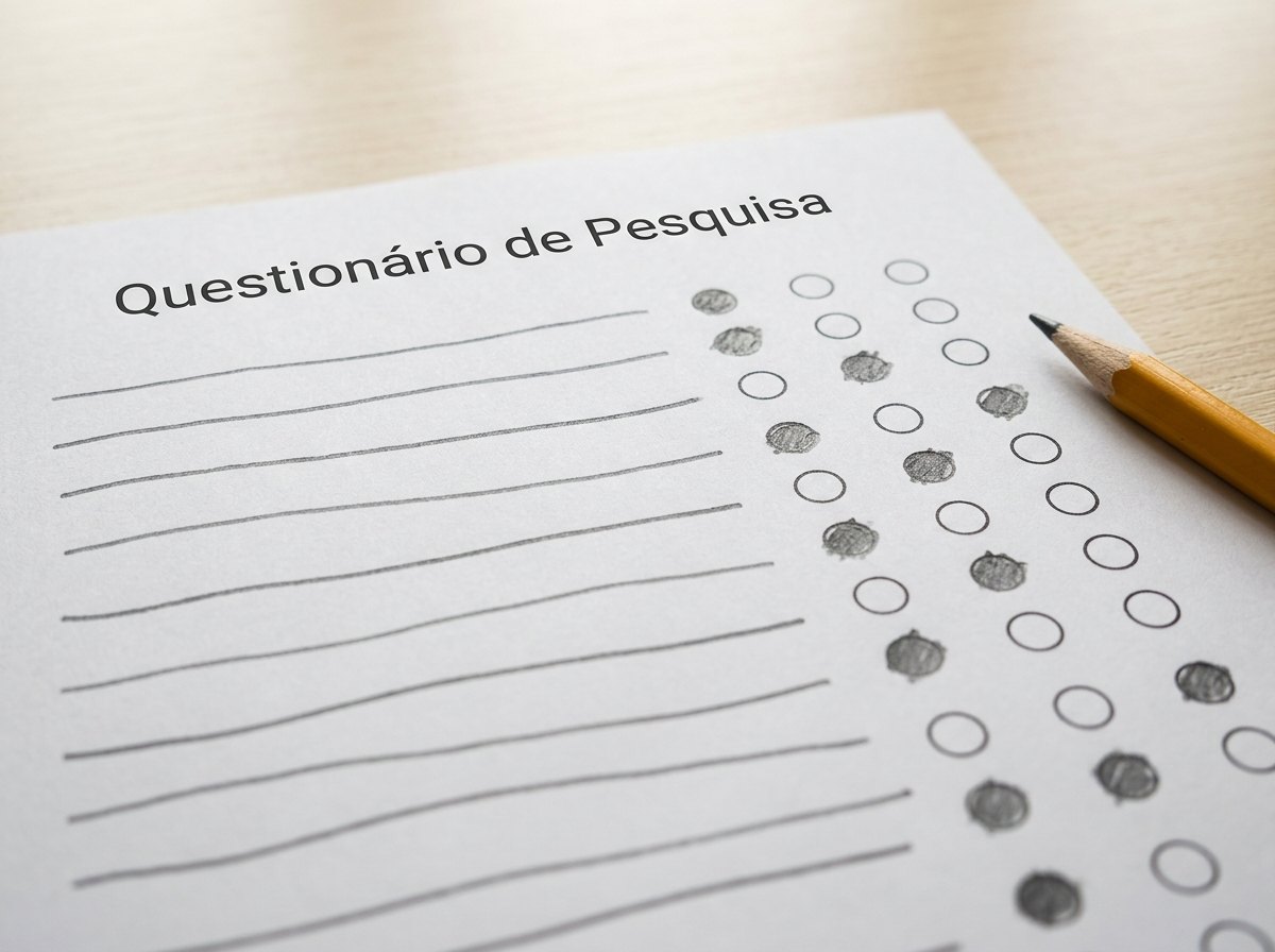 Questionário de pesquisa quantitativa impresso com opções preenchidas a lápis