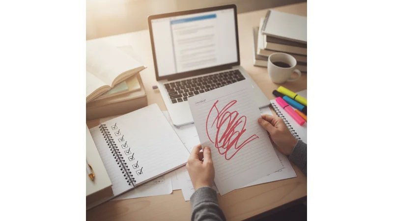 Imagem de estudante revisando documento com checklist ao lado, expressão de concentração e organização | ALT: "Estudante validando justificativa do TCC com checklist"