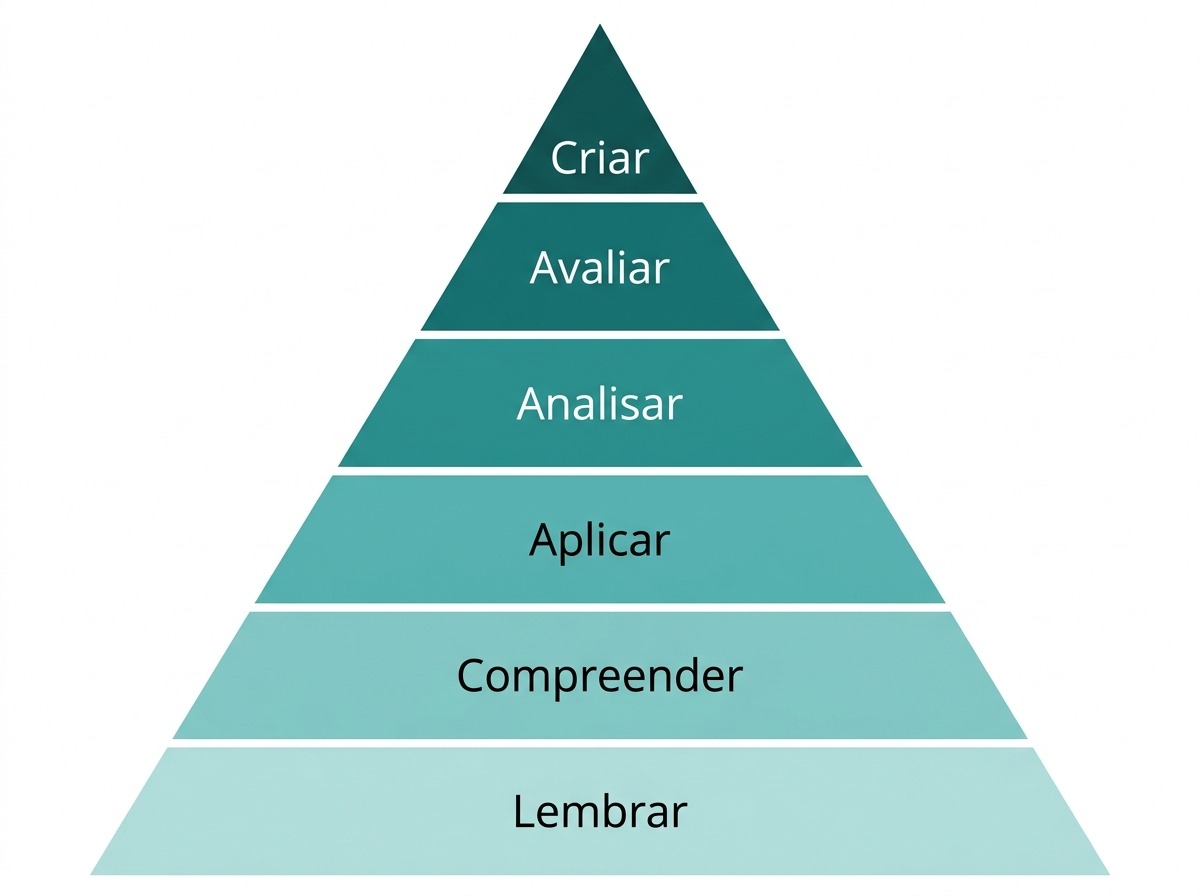 Piramide da taxonomia de Bloom com os seis niveis, de lembrar a criar