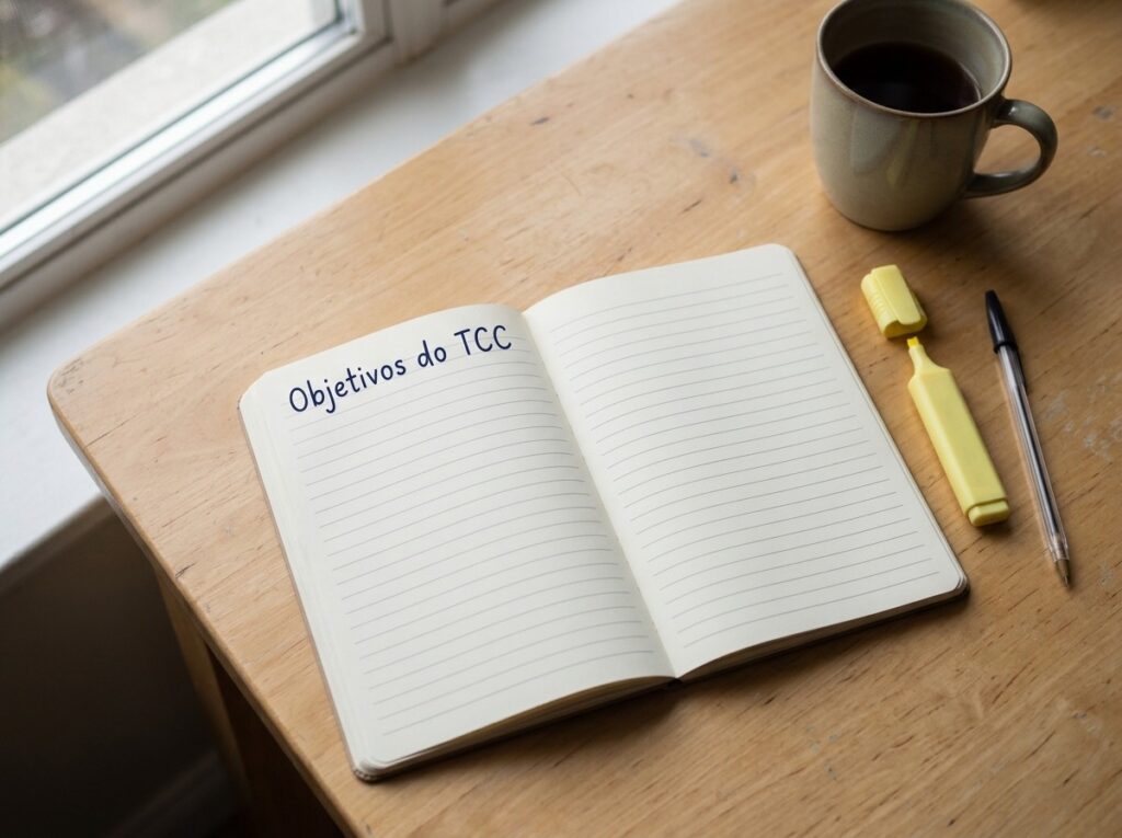 Caderno aberto com o título Verbos para Objetivos Específicos do TCC sobre a mesa de estudo