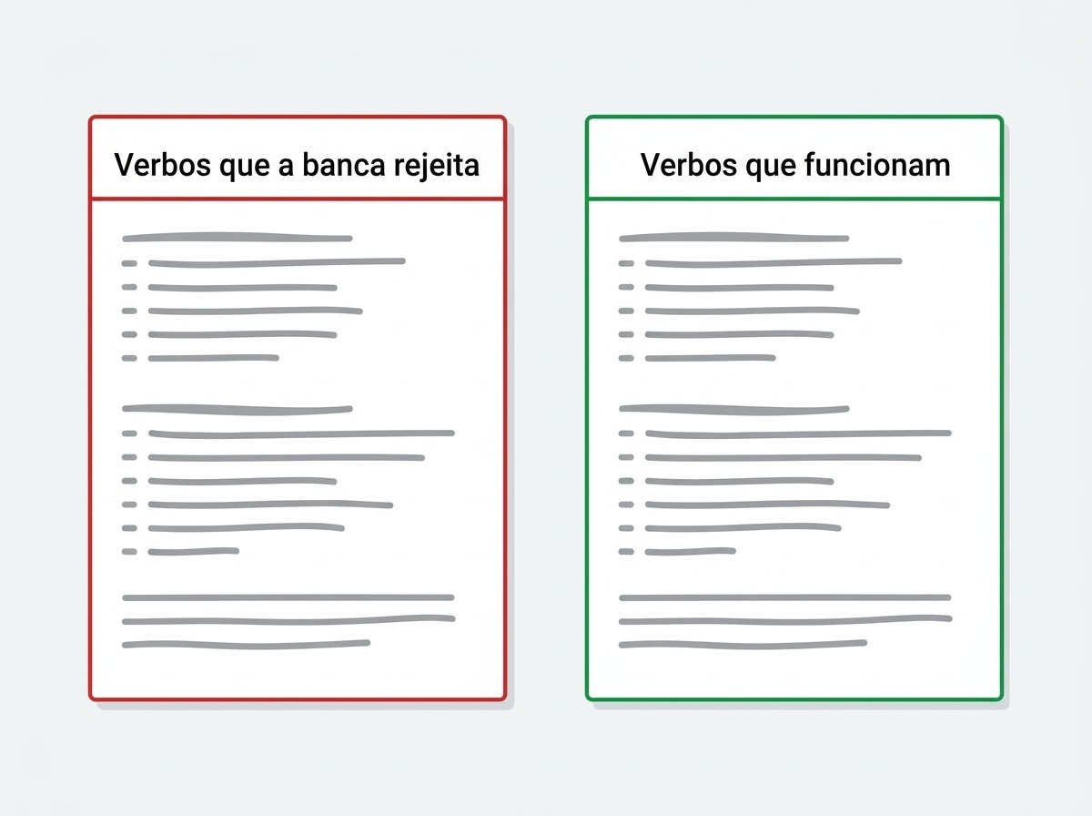 Duas fichas comparando verbos que a banca rejeita e verbos que funcionam