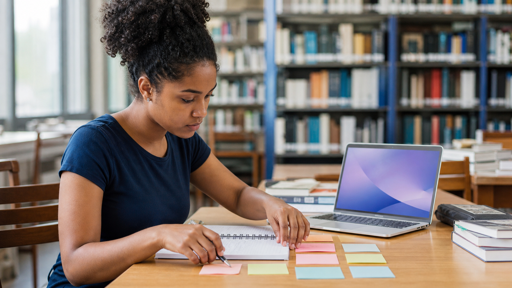 Estudante de Enfermagem organizando o planejamento do TCC em uma biblioteca universitária