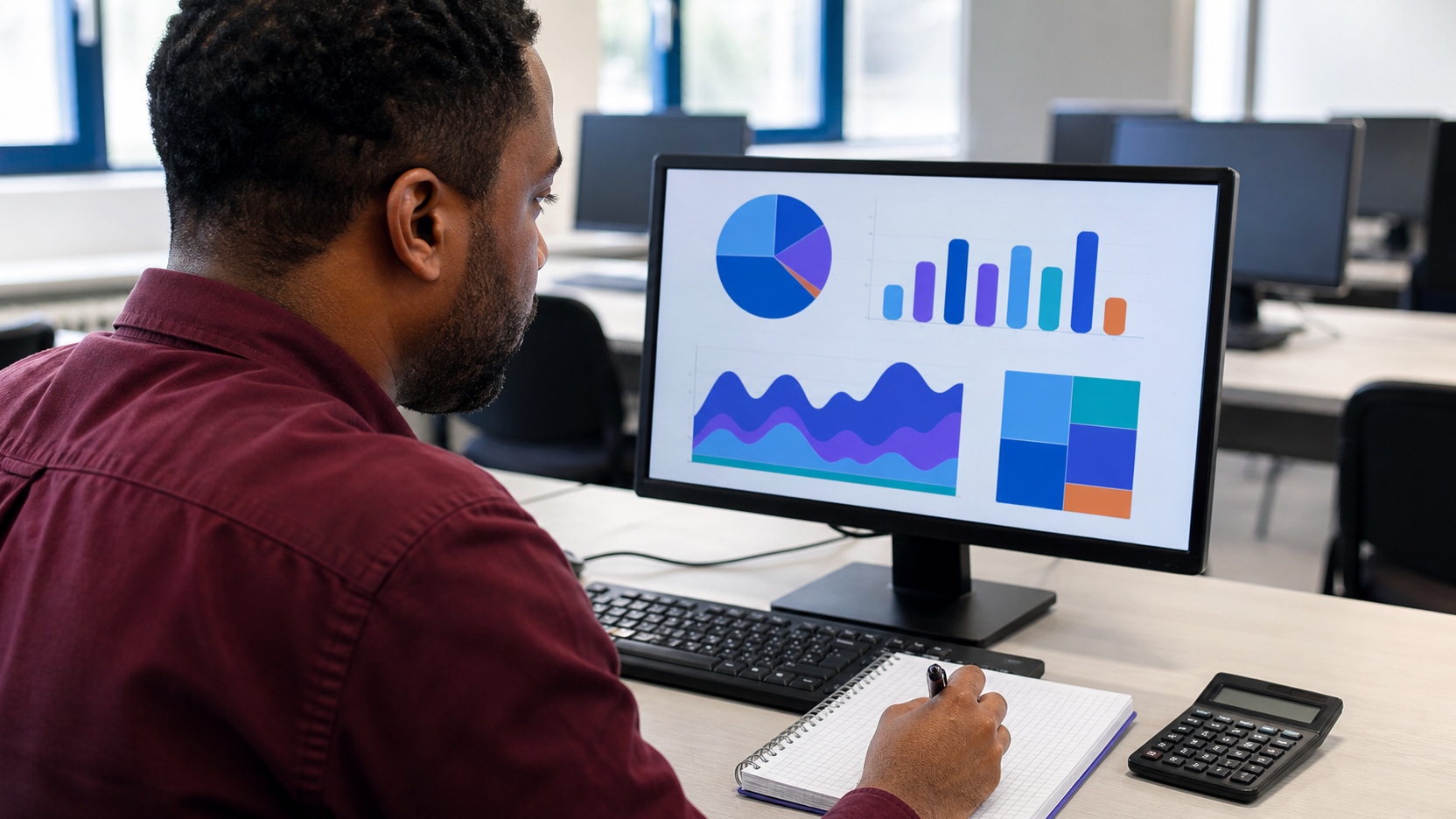 Pesquisador analisando gráficos de dados do TCC de Enfermagem em um computador