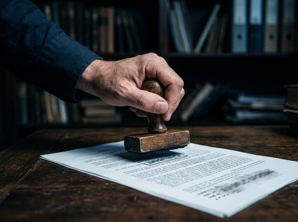 Mão carimbando documento acadêmico, representando as novas regras do CNPq sobre IA na pesquisa