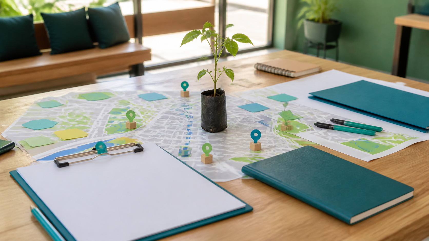 Projeto de extensão representado por mapa comunitário, materiais de planejamento e muda em mesa de trabalho