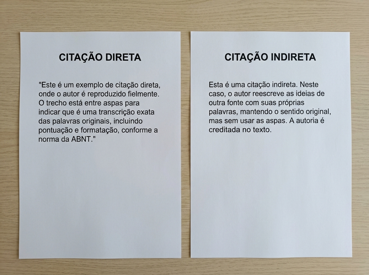 Comparação entre citação direta com aspas e citação indireta sem aspas