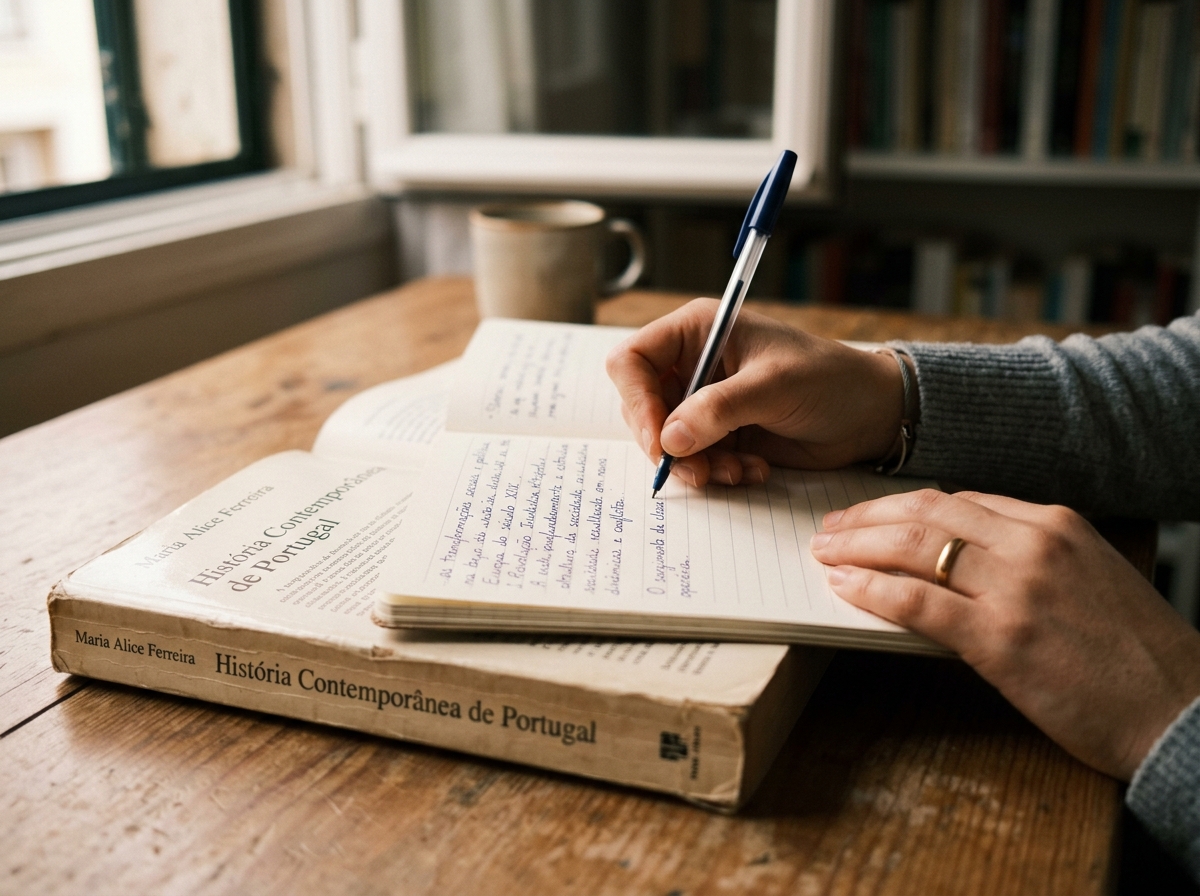 Mãos reescrevendo em caderno o trecho de um livro para montar uma citação indireta