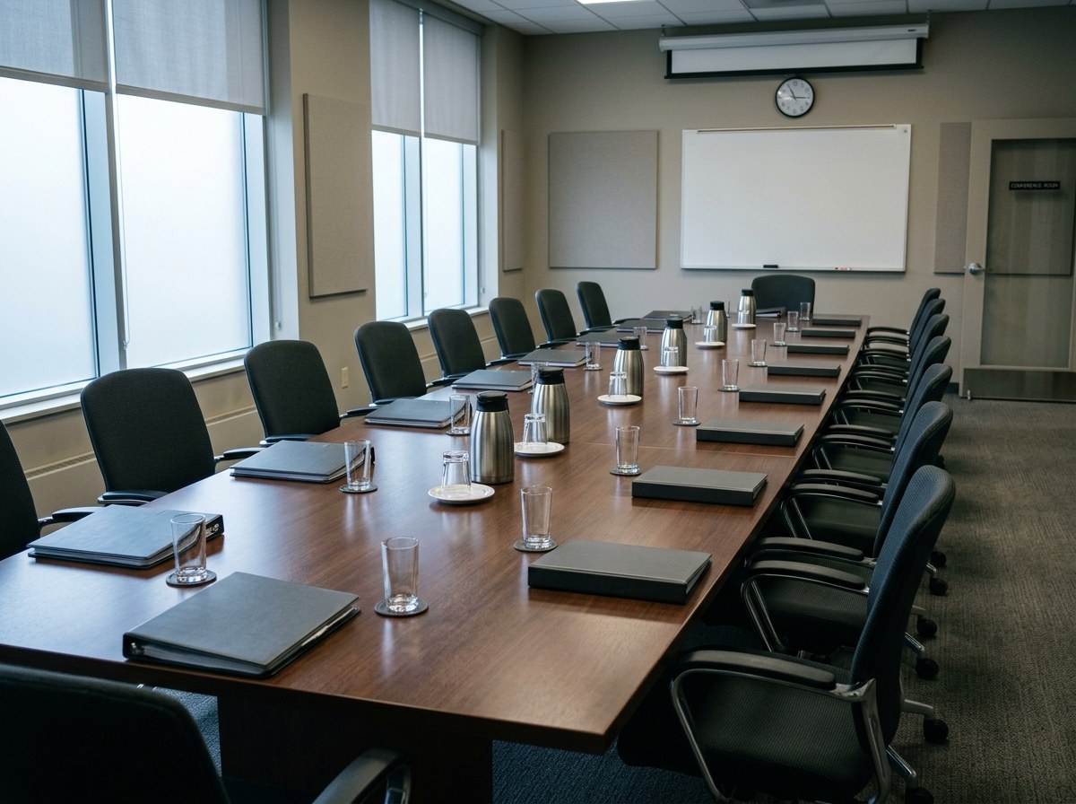 Sala de reunião institucional vazia com pastas e copos de água, remetendo ao comitê de ética