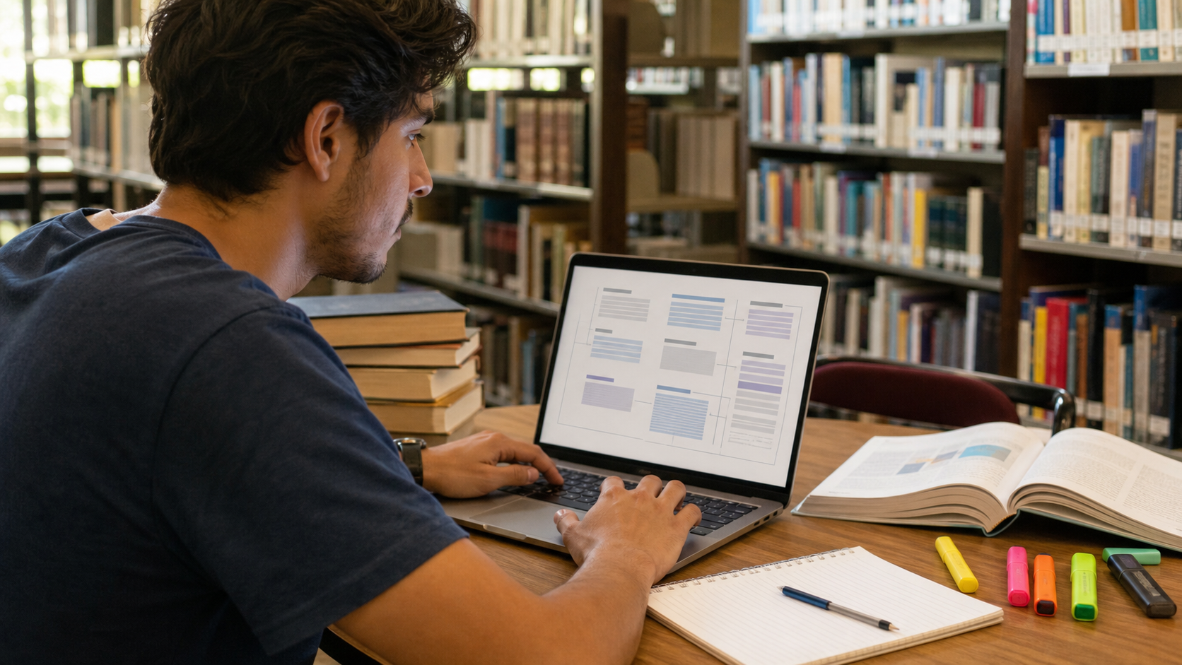Estudante revisa a estrutura do TCC no notebook com livros e anotações