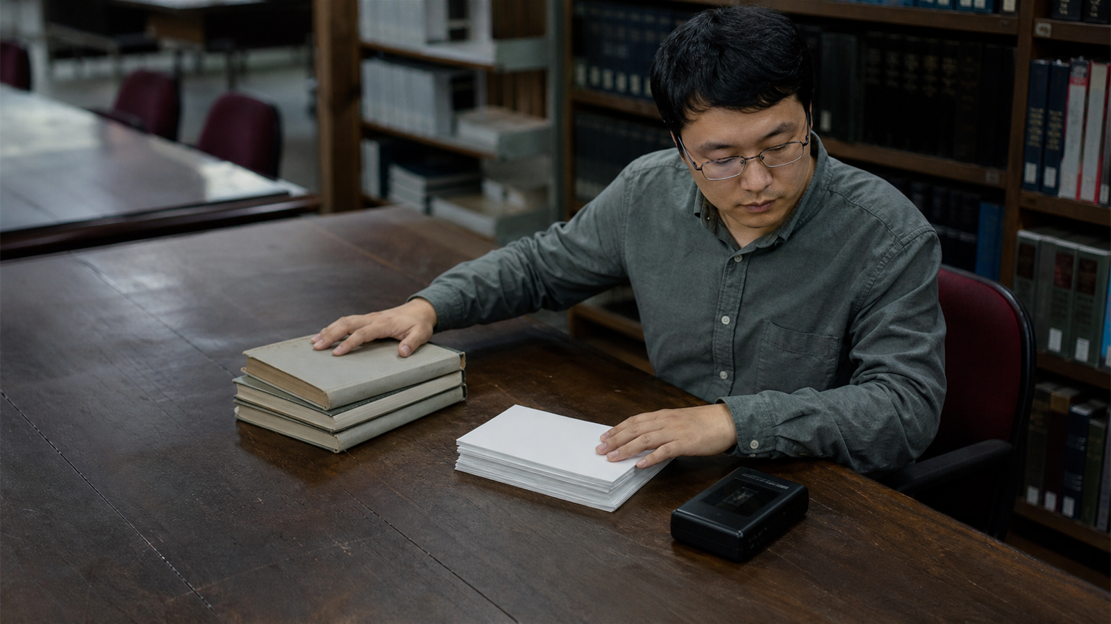 Estudante compara materiais de pesquisa em biblioteca para definir a metodologia do TCC de Administração