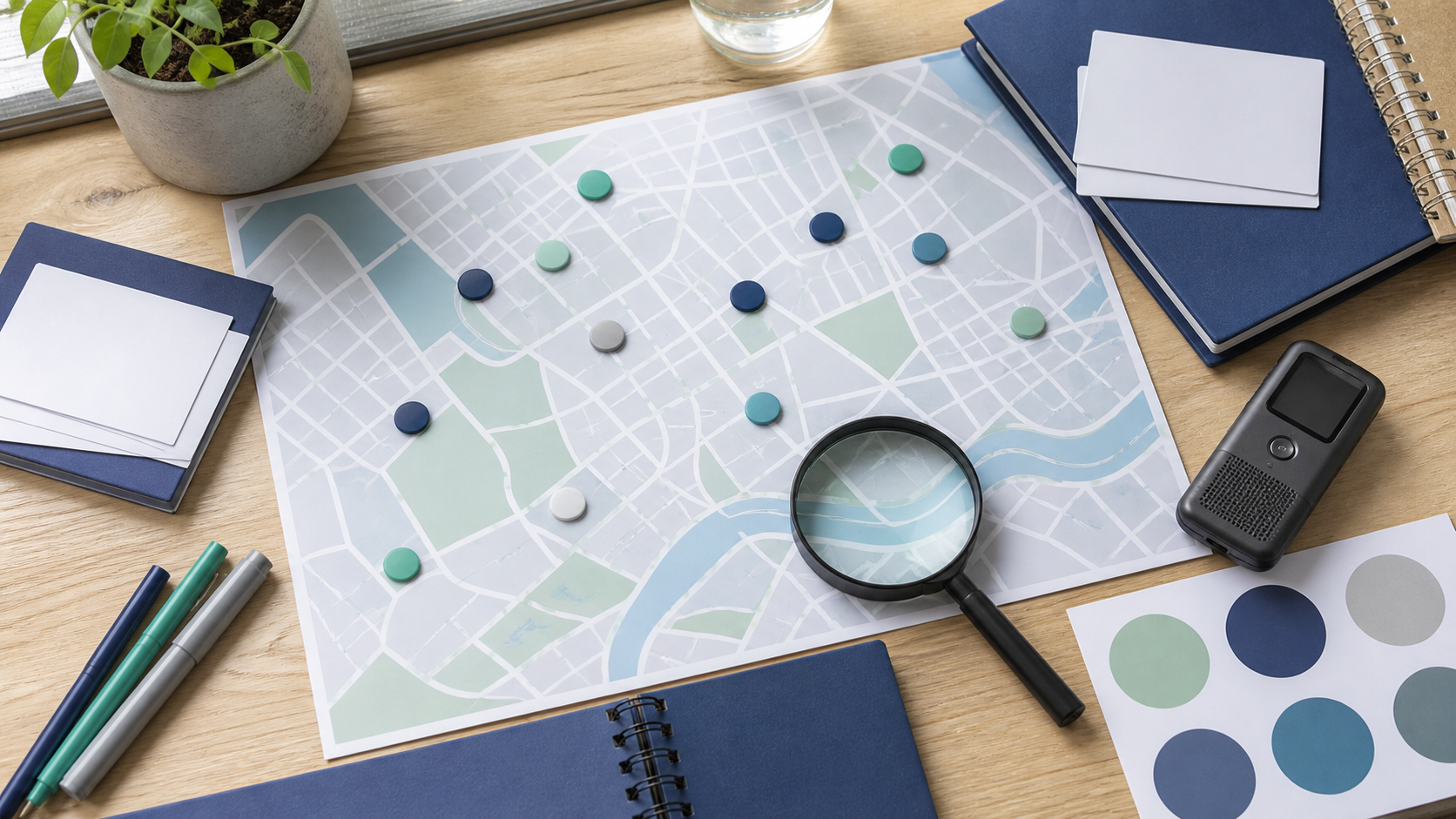 Diagnóstico comunitário para projeto de extensão com mapa urbano, lupa e marcadores de necessidades locais