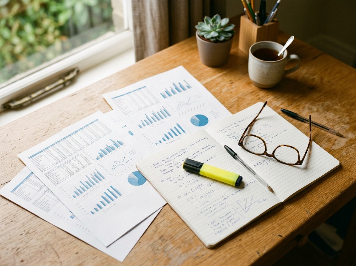Mesa de estudo com planilhas estatísticas impressas, óculos de leitura e caneta marca-texto