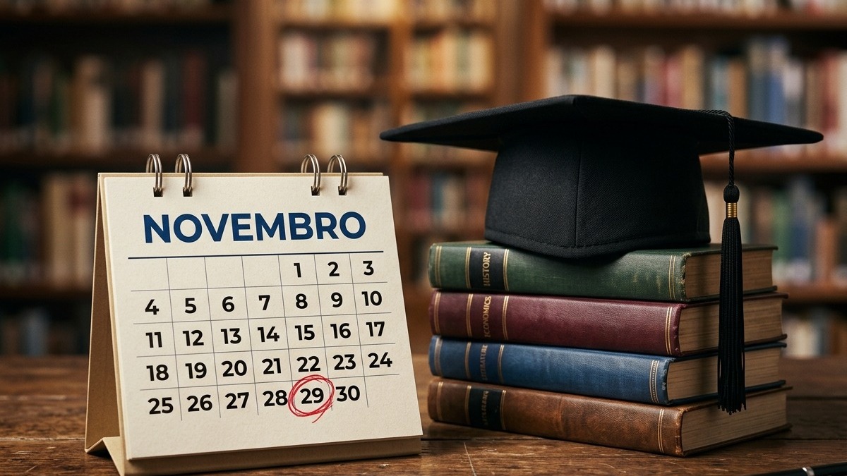 Enade 2026: calendário de novembro com o dia 29 circulado em vermelho ao lado de um capelo de formatura sobre livros