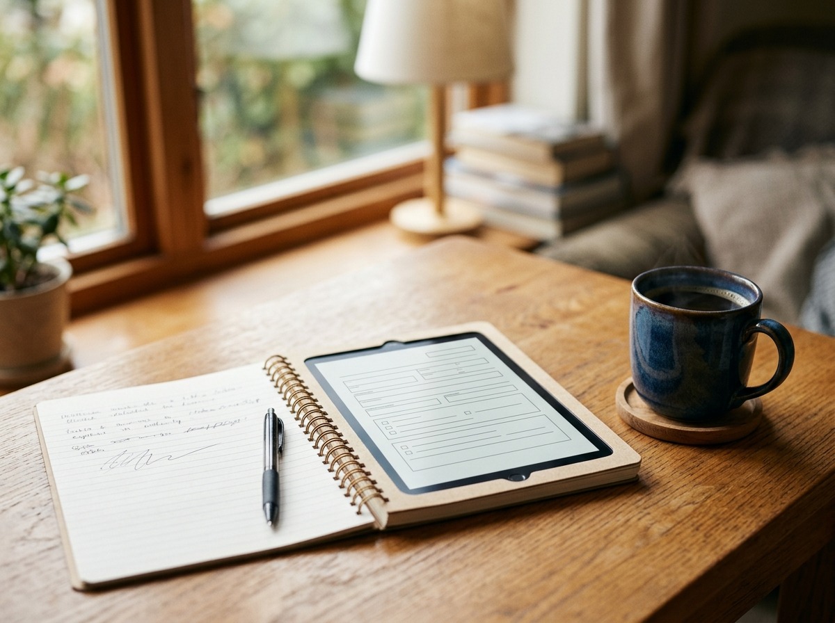 Mesa de estudo com caderno aberto, caneta e tablet exibindo um formulário digital em branco