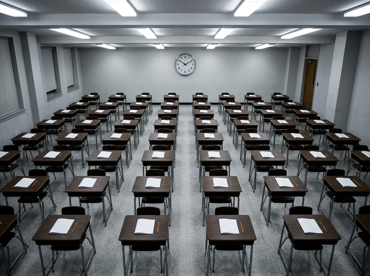 Sala de prova universitária vazia com carteiras enfileiradas e relógio de parede ao fundo