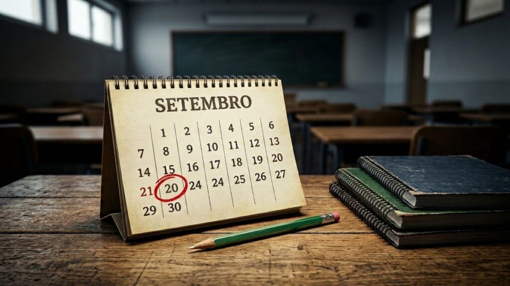 Calendário de setembro sobre carteira escolar com o dia 20 circulado em vermelho
