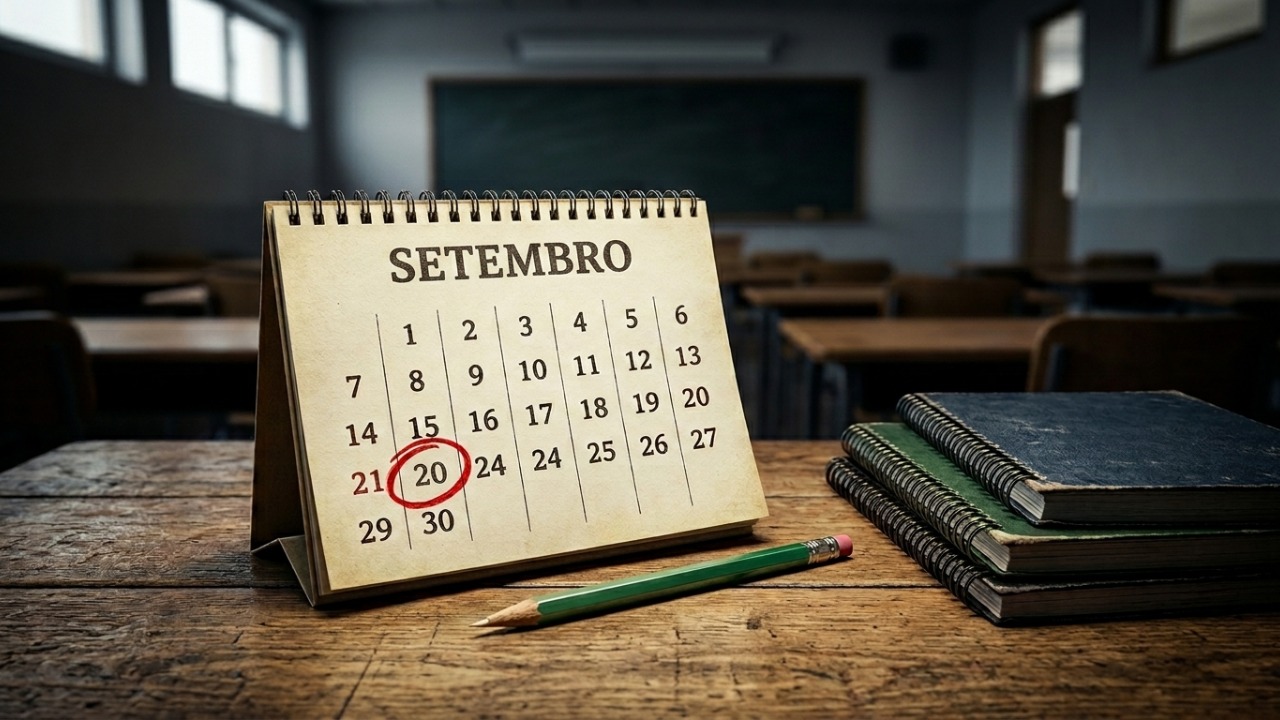 Calendário de setembro sobre carteira escolar com o dia 20 circulado em vermelho