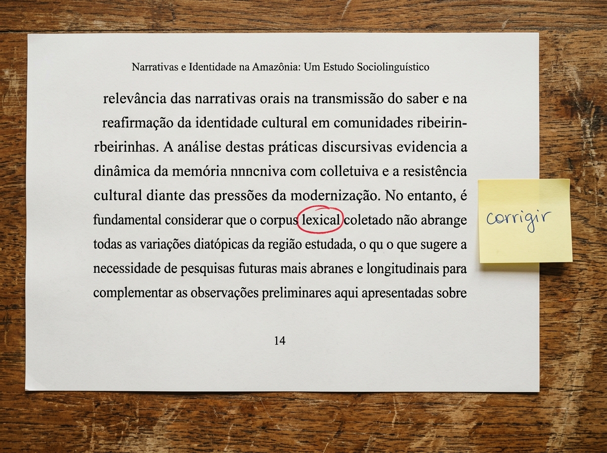Página de TCC impressa com palavra circulada em vermelho e lembrete de correção