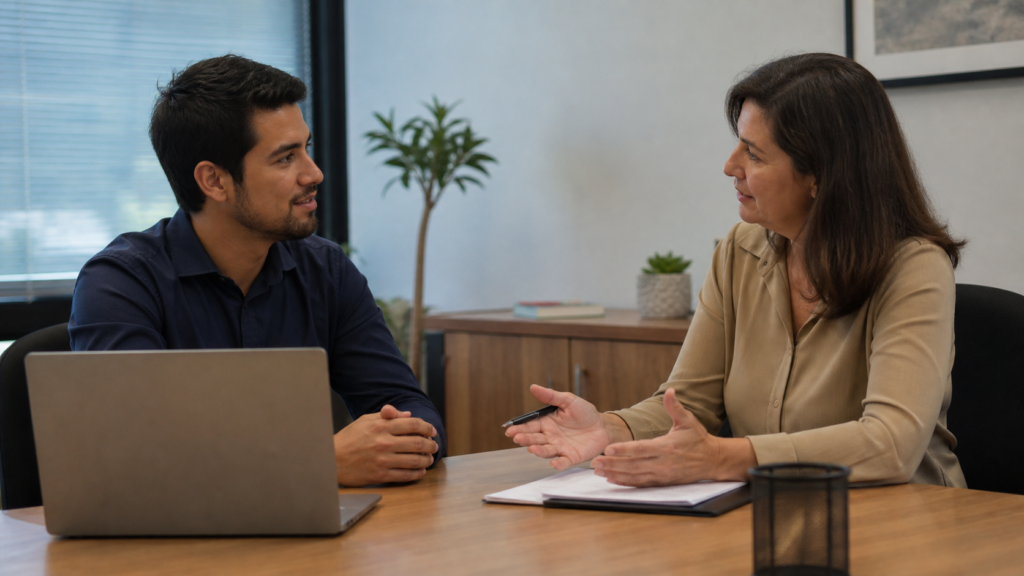 Estudante conversa com supervisora sobre estágio obrigatório remunerado