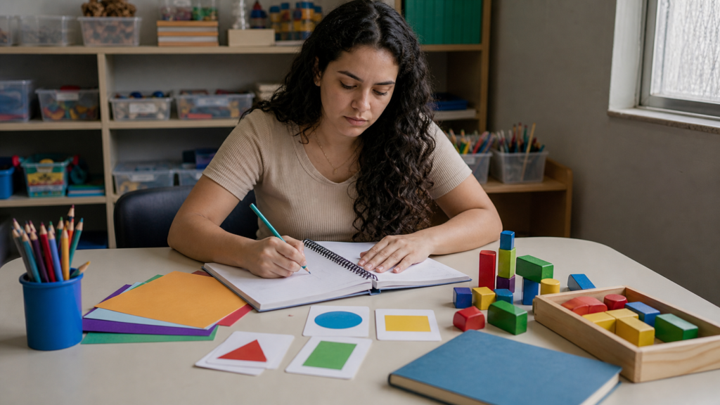 Estagiária de Pedagogia planeja atividade com materiais educativos
