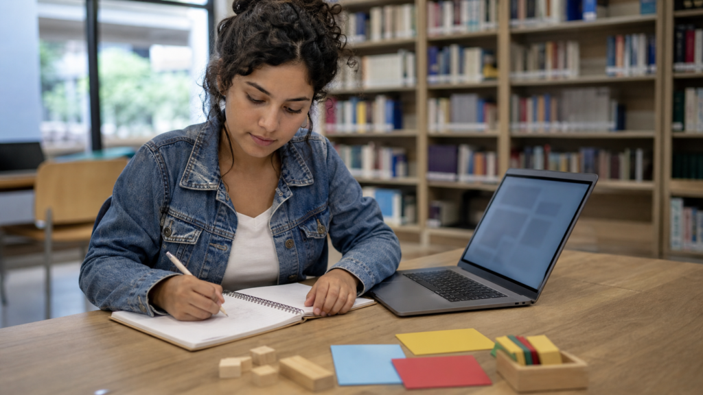 Estagiária revisa relatório reflexivo de estágio em Pedagogia