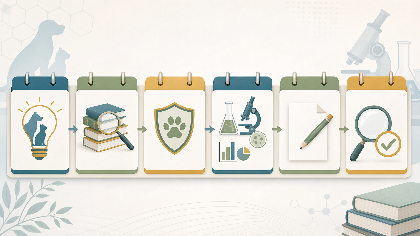 Etapas do TCC de Veterinária por ícones de tema, busca bibliográfica, ética, análise, redação e revisão