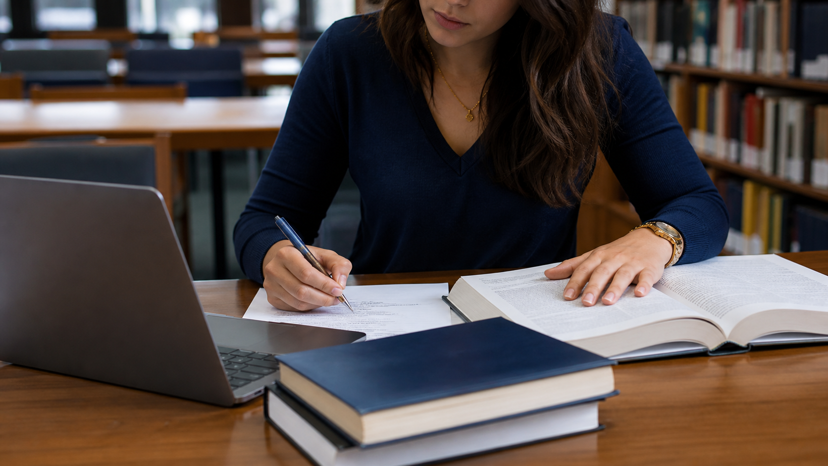 Estudante revisando autoria, data e localização de citações conforme a ABNT NBR 10520:2023