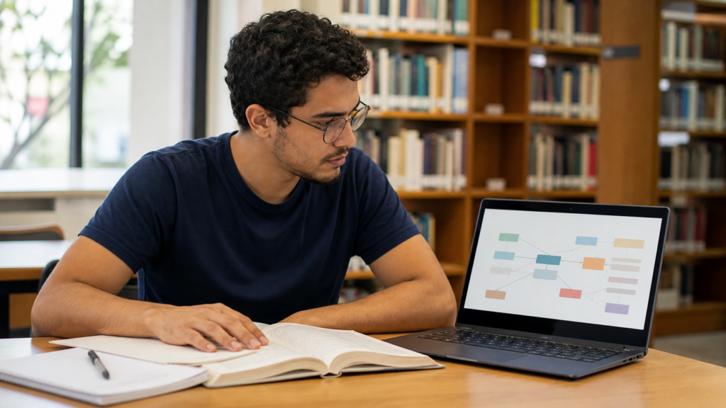 Estudante fazendo fichamento para TCC com livro e computador