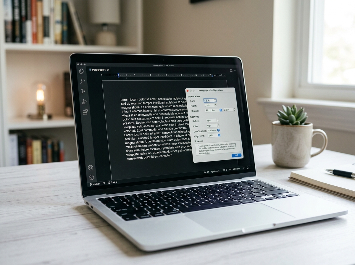 Editor de texto aberto com a caixa de configuração de parágrafo usada para formatar o resumo expandido