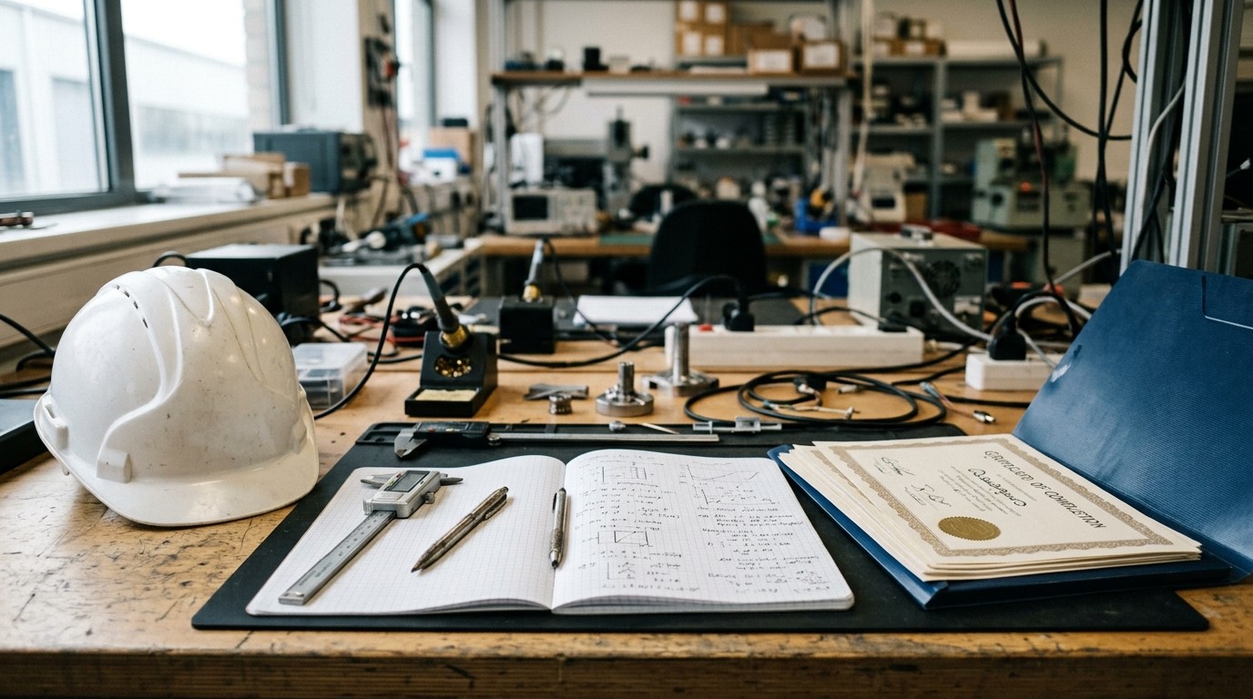 Horas complementares em Engenharia: bancada de laboratório com capacete de segurança, paquímetro, caderno e certificados impressos