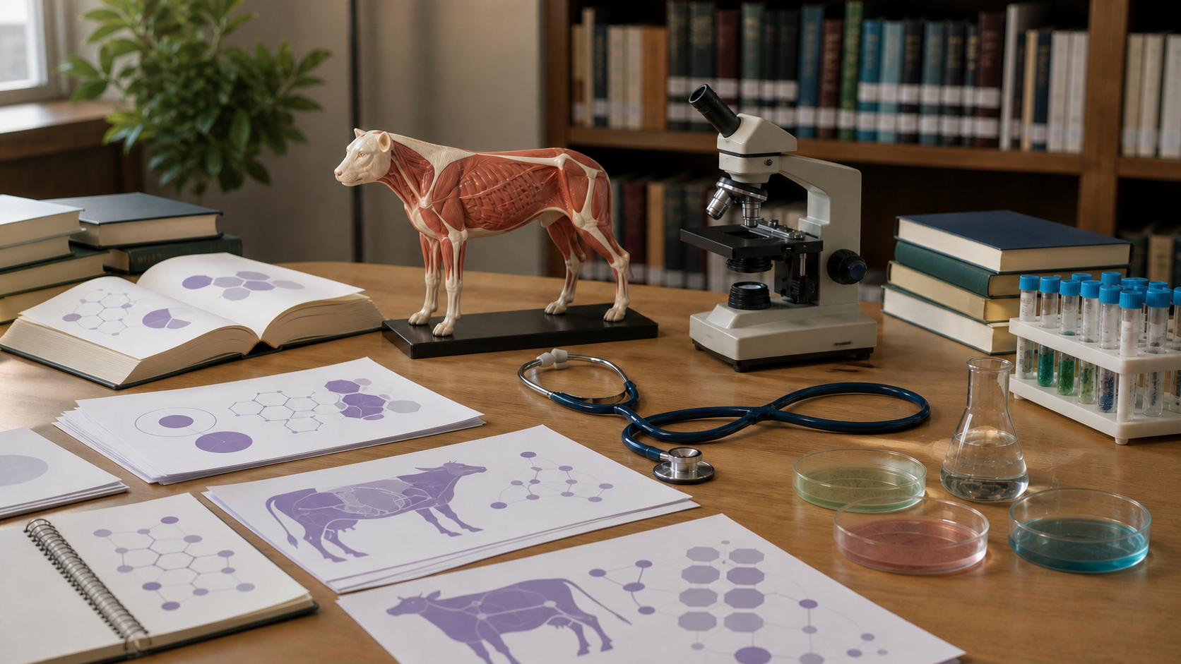 Mesa de pesquisa para TCC de Veterinária com modelo bovino, microscópio, estetoscópio e materiais de laboratório