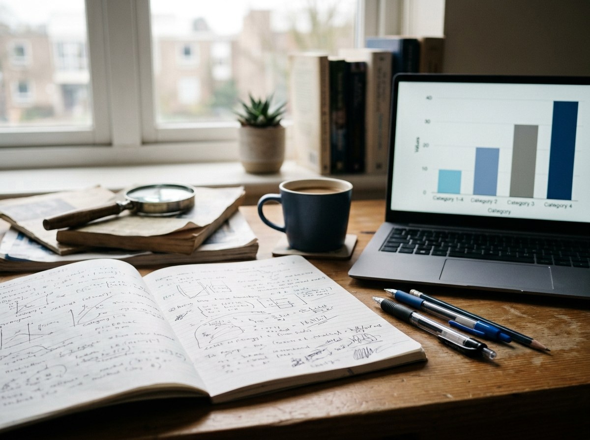 Mesa de estudo com caderno e notebook representando o método científico aplicado ao TCC