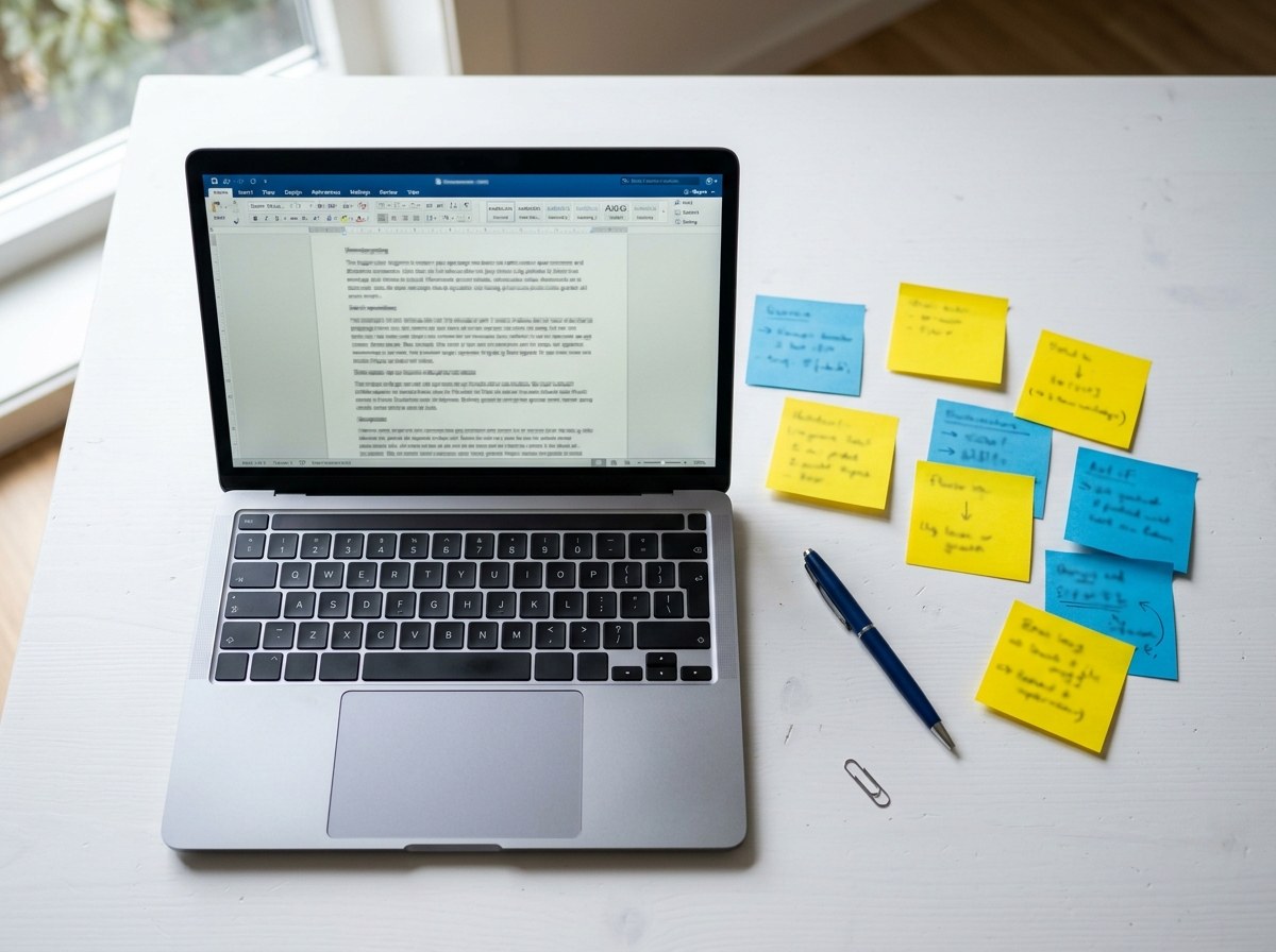 Notebook aberto com documento de texto ao lado de post-its coloridos sobre mesa branca