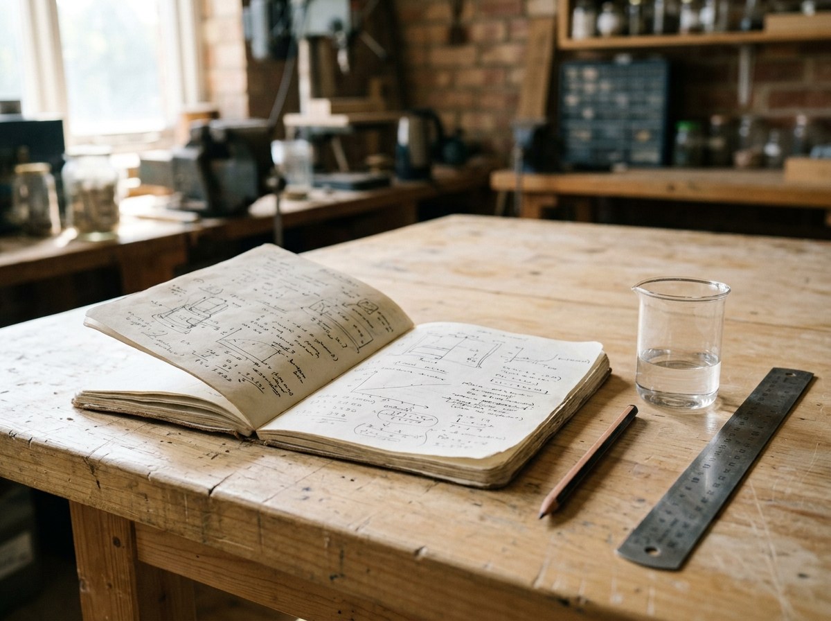 Caderno de campo aberto com anotações manuscritas ao lado de material de laboratório