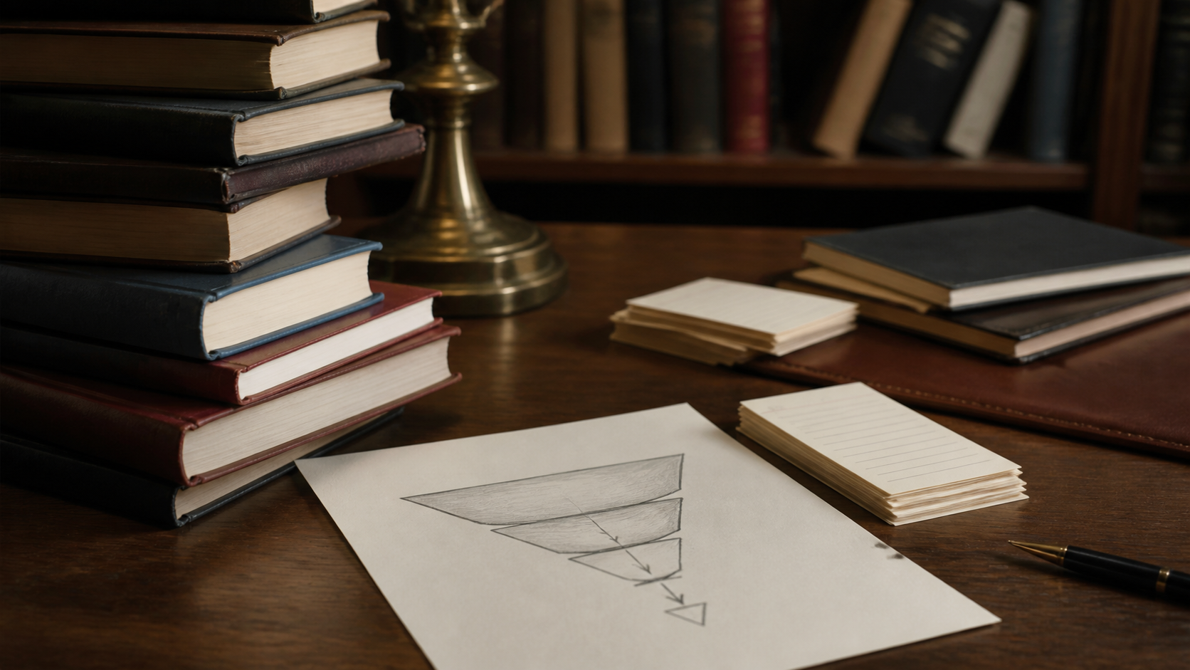 Método dedutivo representado por livros e esquema de raciocínio acadêmico