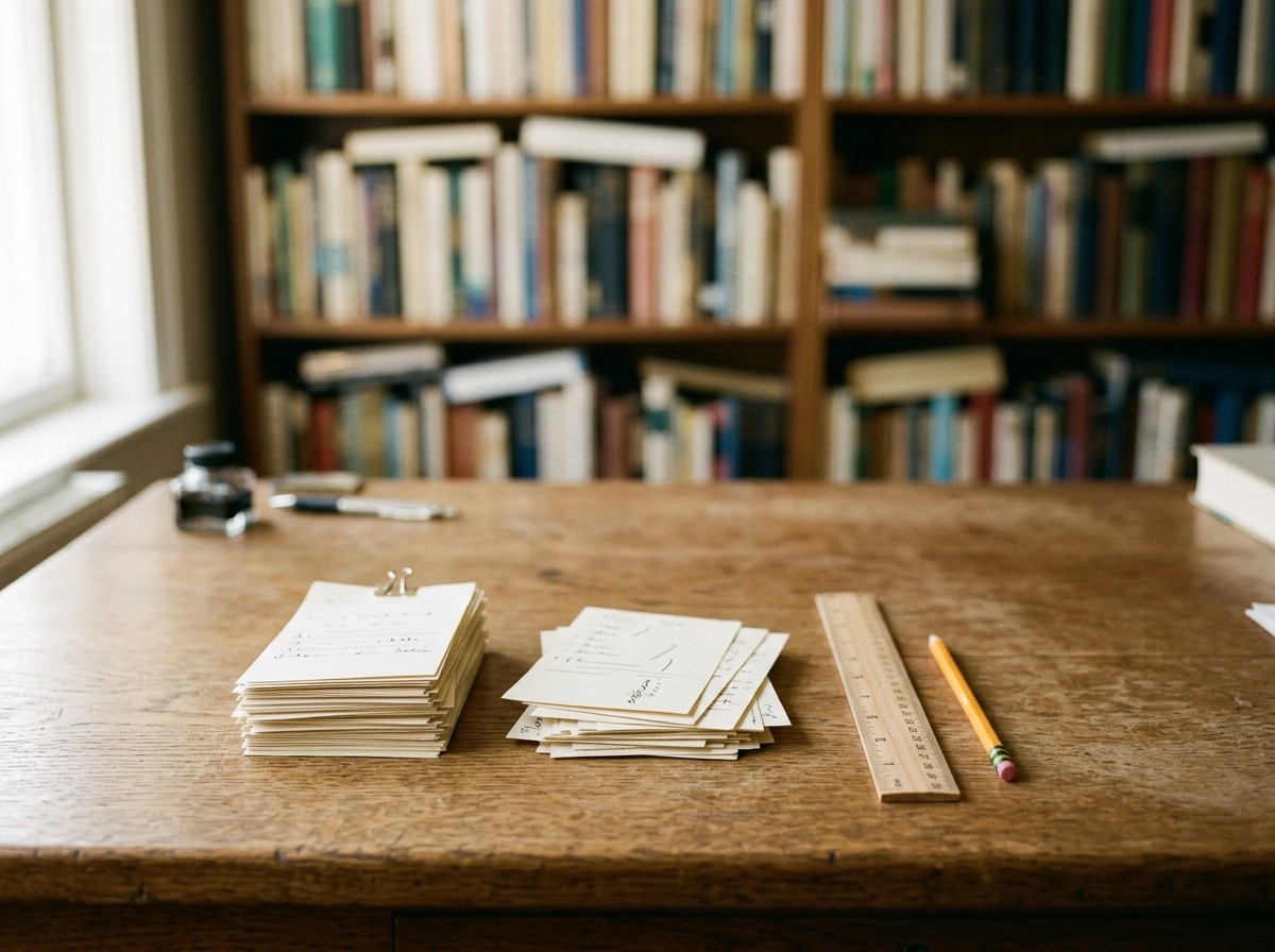 Fichas de papel organizadas em duas pilhas separadas sobre a mesa, representando a etapa de análise na metodologia de artigo científico