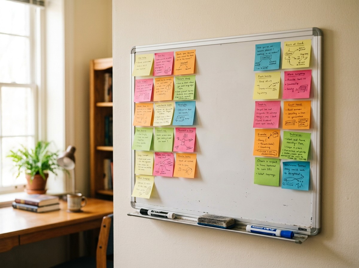 Quadro branco com post-its coloridos organizados em duas colunas, usado para comparar os tipos de metodologia de pesquisa