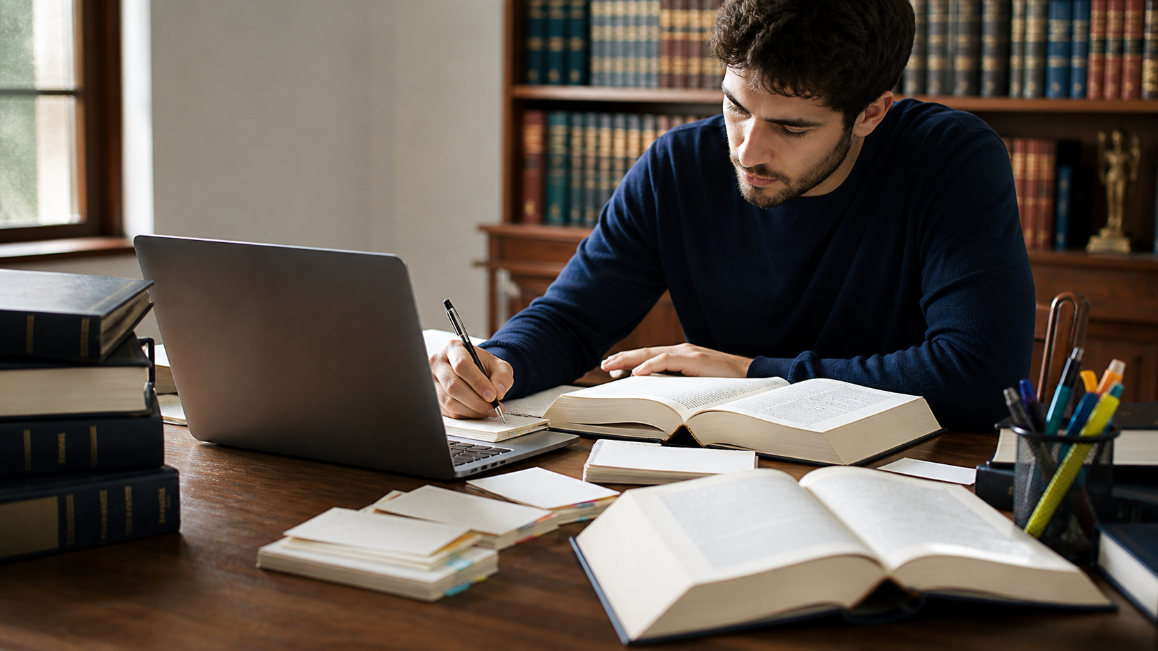 Estudante pesquisando livros jurídicos para uma monografia de Direito