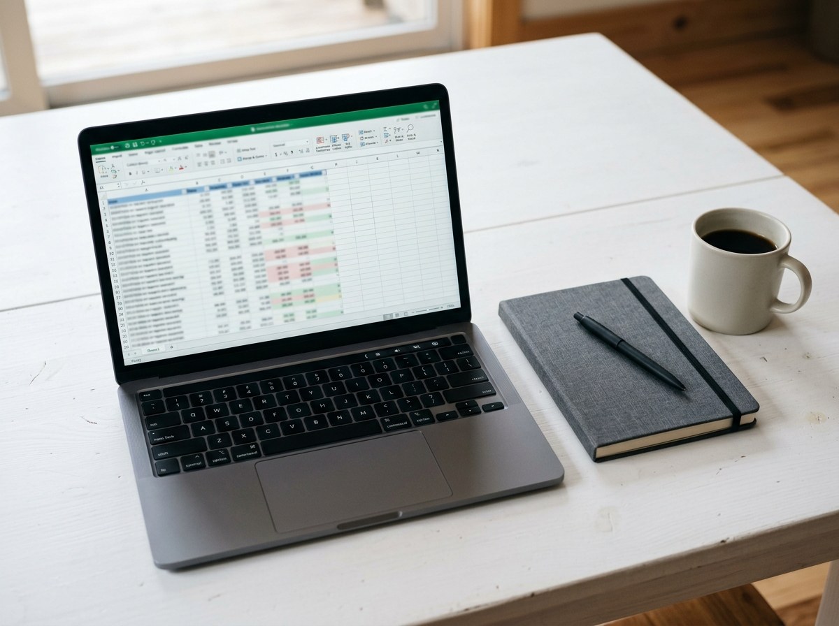 Notebook com planilha de quadro-síntese usado para organizar a pesquisa bibliográfica