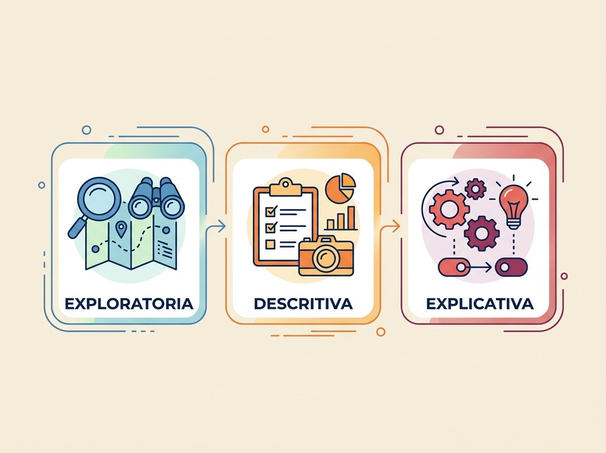 Infográfico com os três tipos de pesquisa quanto aos objetivos: exploratória, descritiva e explicativa