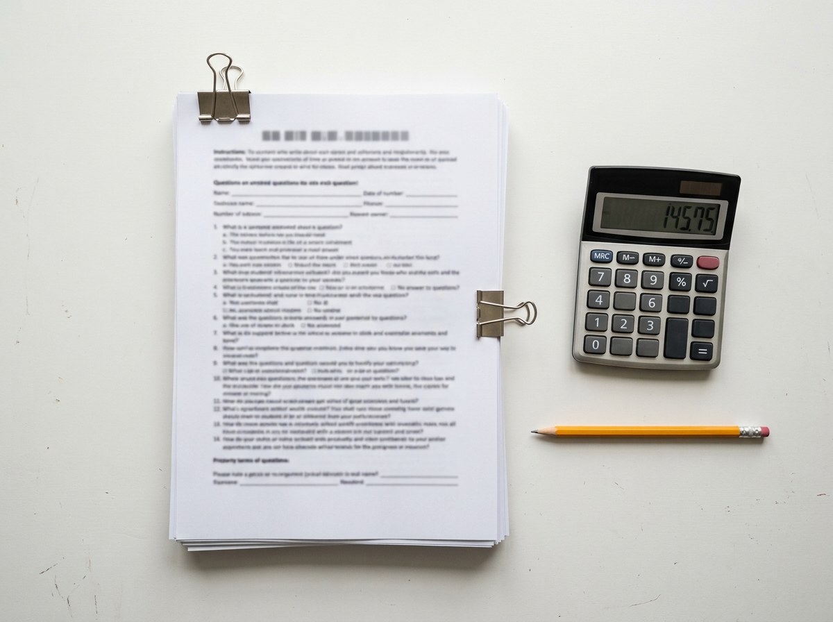 Pilha de questionários impressos com calculadora, típica coleta de pesquisa descritiva