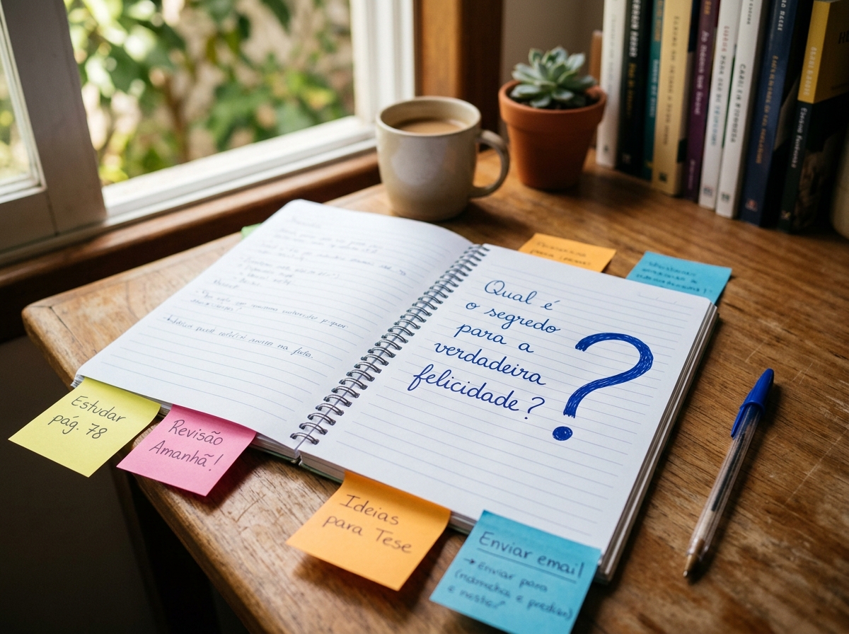 Problemática rascunhada à mão num caderno com pergunta de pesquisa e post-its