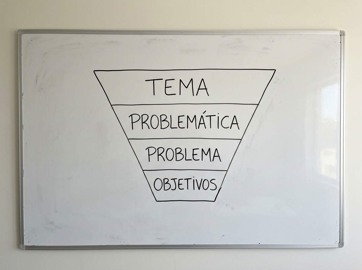 Funil da pesquisa com tema, problemática, problema e objetivos em quadro branco