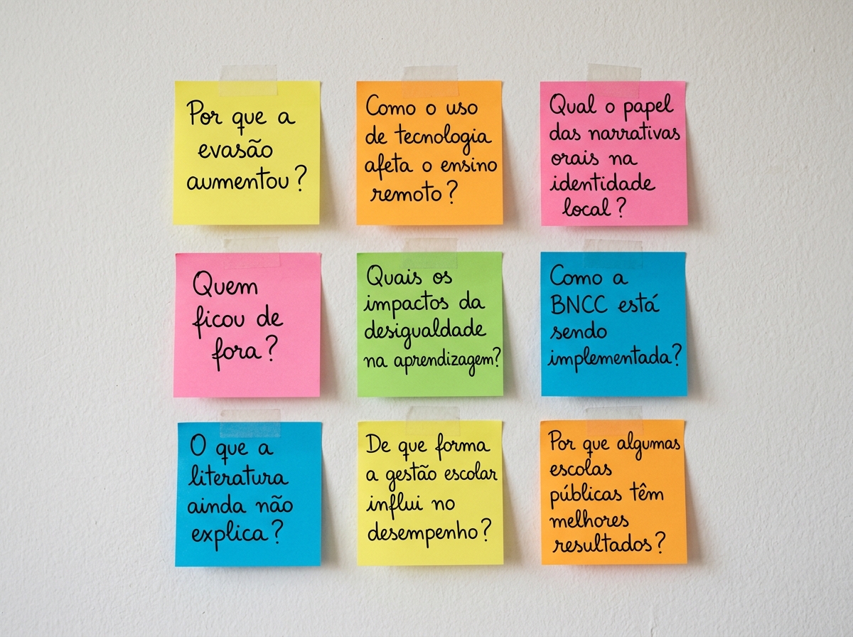 Parede com post-its coloridos trazendo perguntas manuscritas de pesquisa